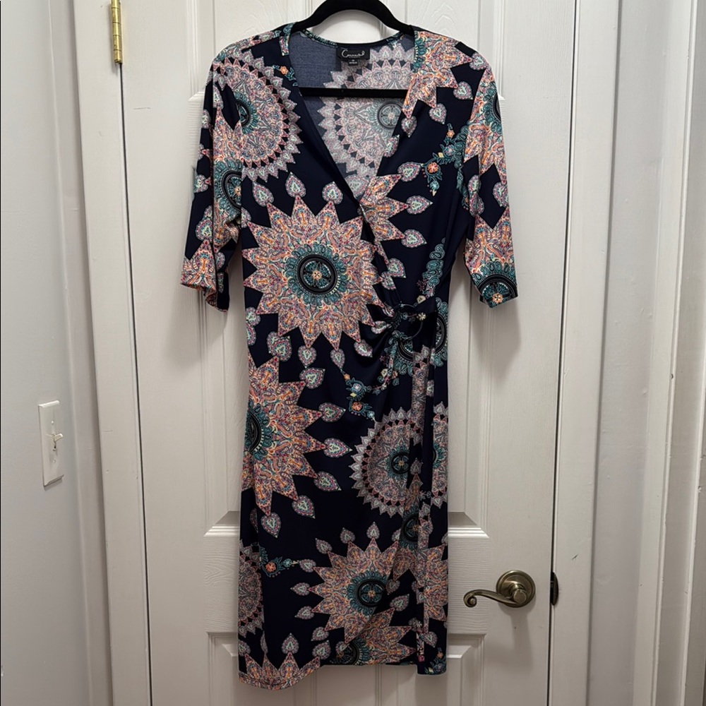 Connected Apparel Pink and Blue Sheath Dress V-neck 3/4 Sleeve